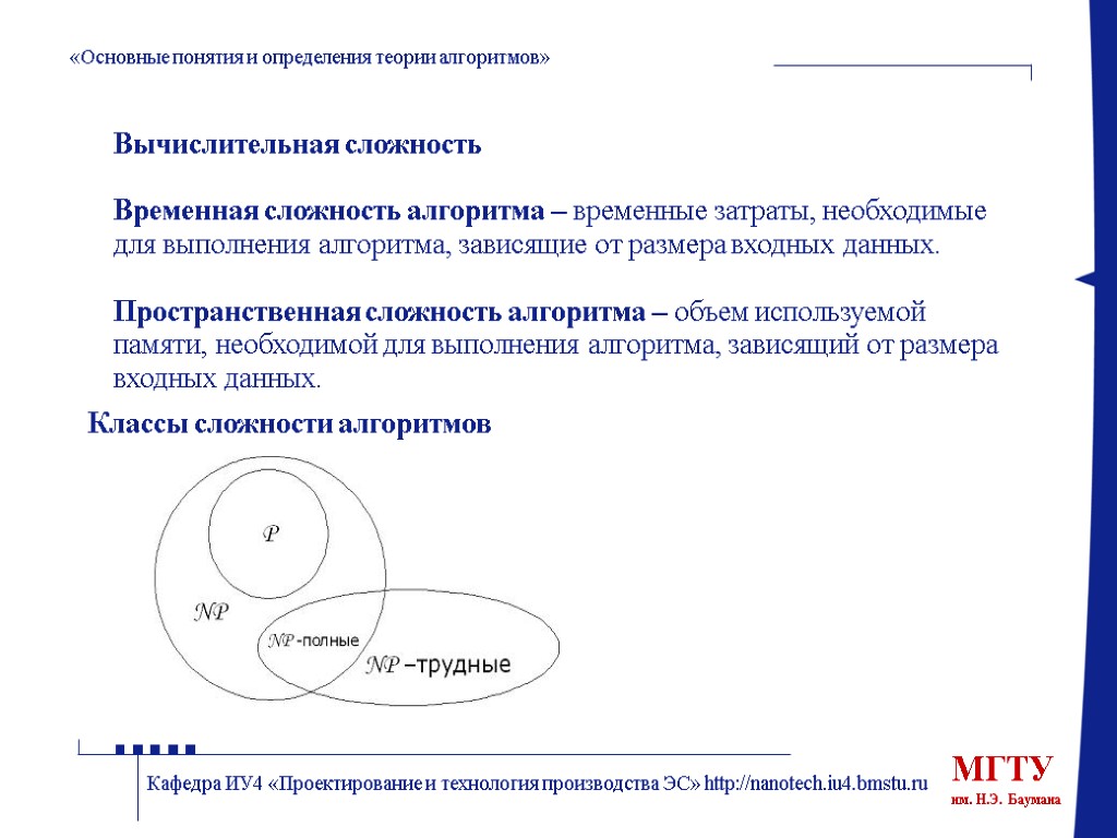 «Основные понятия и определения теории алгоритмов» Кафедра ИУ4 «Проектирование и технология производства ЭС» http://nanotech.iu4.bmstu.ru